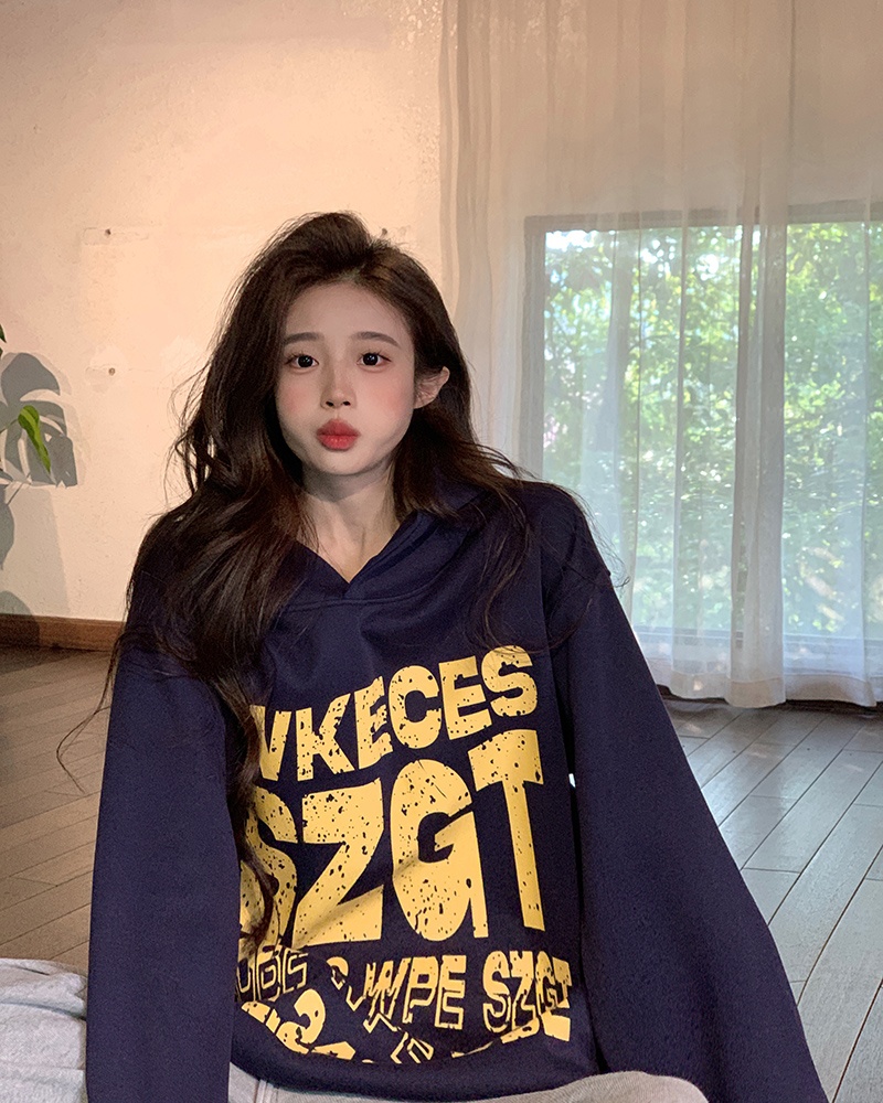 Hooded loose printing tops thin spring and autumn couples coat