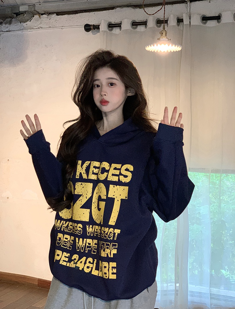 Hooded loose printing tops thin spring and autumn couples coat