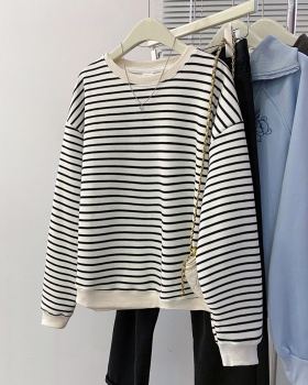 Complex stripe hoodie round neck T-shirt for women