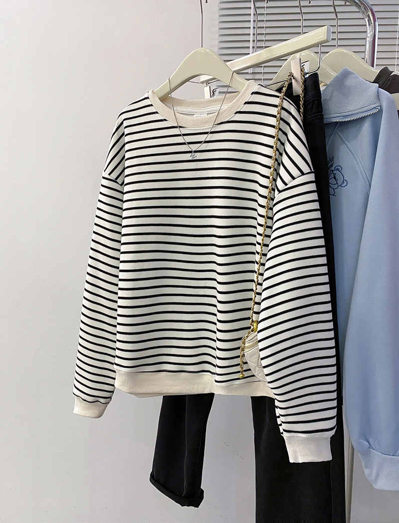 Complex stripe hoodie round neck T-shirt for women