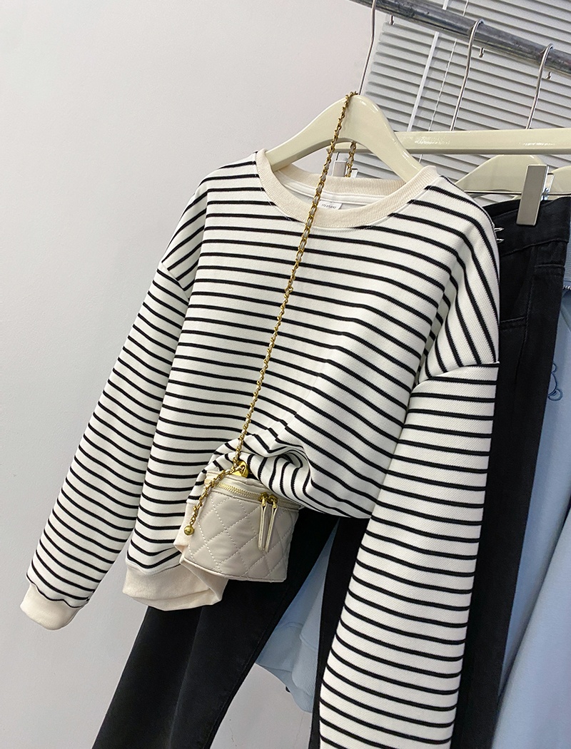 Complex stripe hoodie round neck T-shirt for women