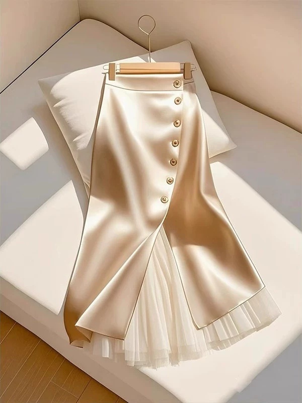 Spring and summer A-line apricot fashionable splice skirt