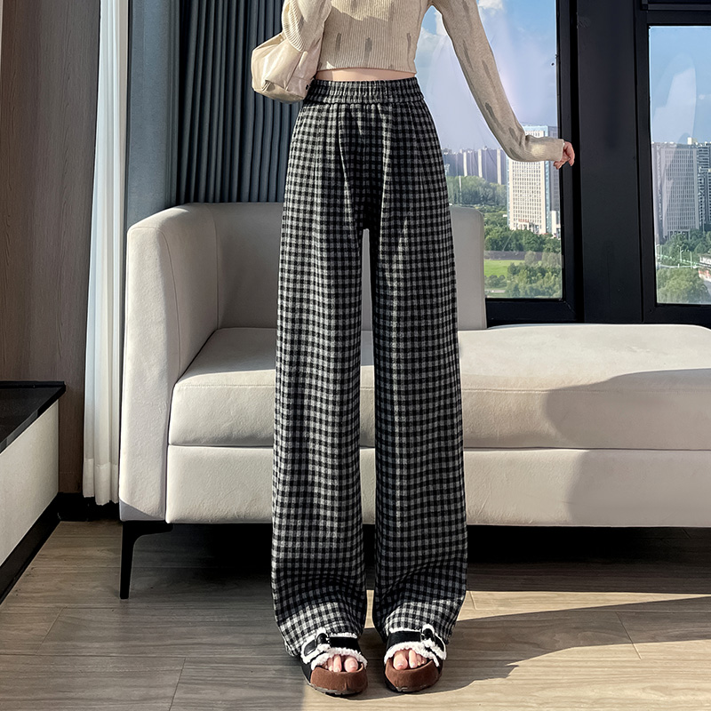 Elastic waist all-match pants plaid casual pants for women