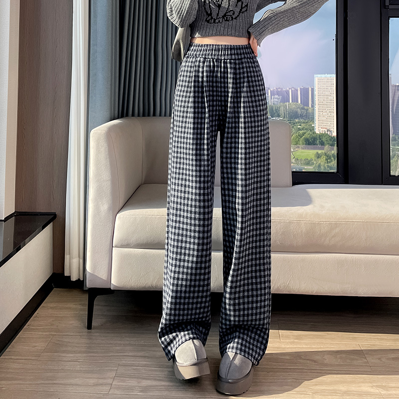 Elastic waist all-match pants plaid casual pants for women