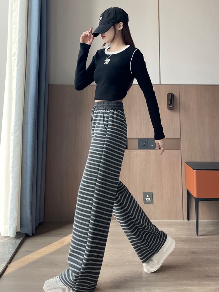 Niche temperament wide leg pants stripe casual pants for women