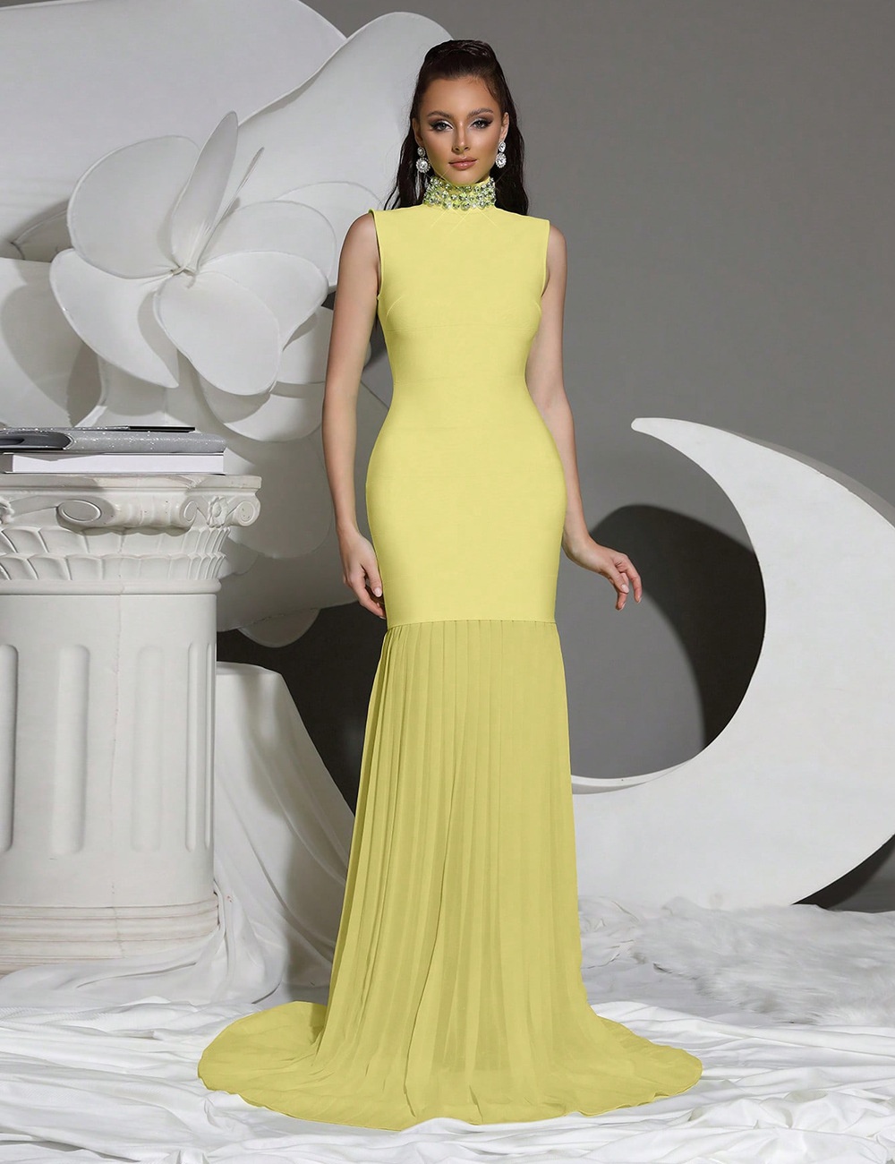 Bandage high collar evening dress gauze dress for women