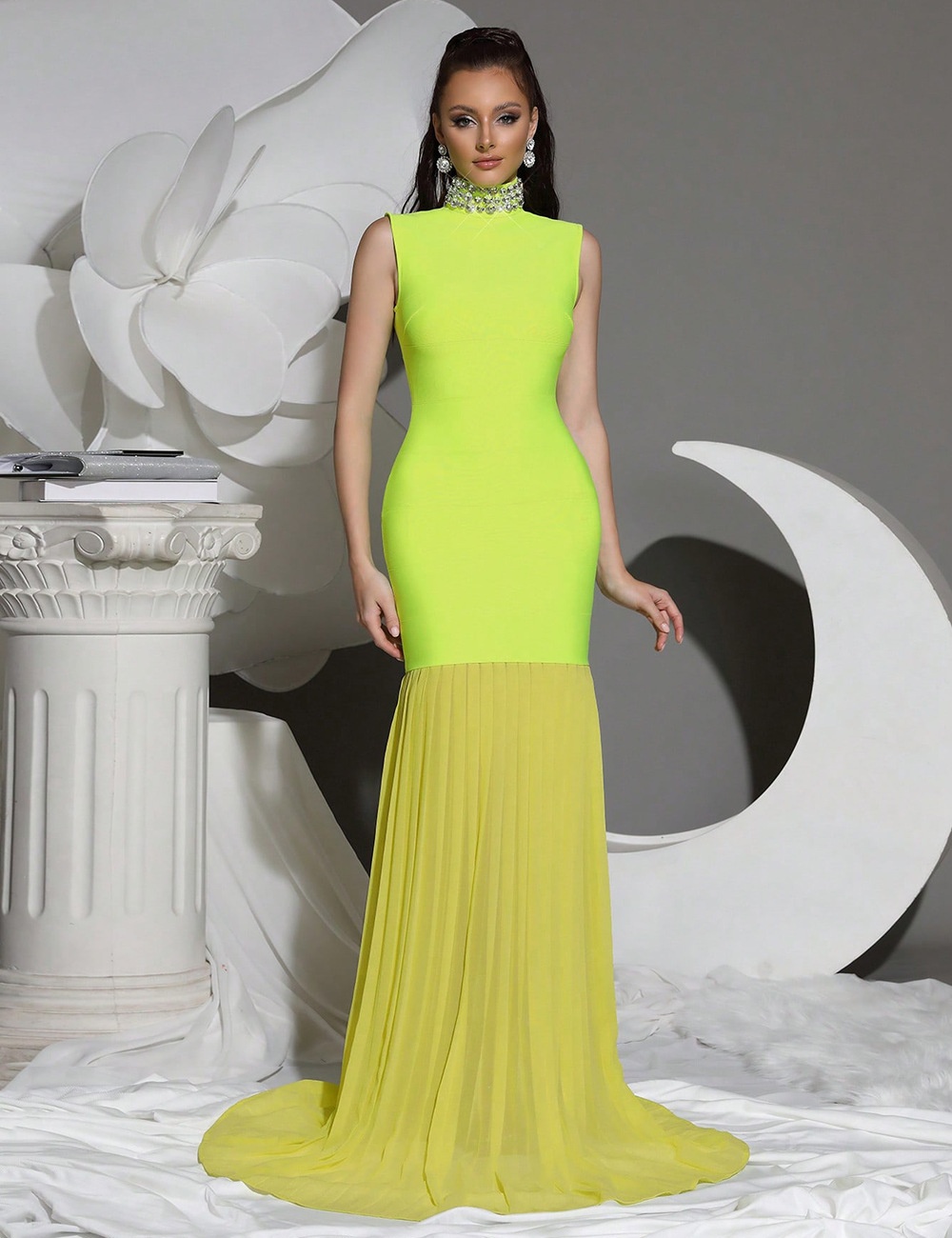 Bandage high collar evening dress gauze dress for women