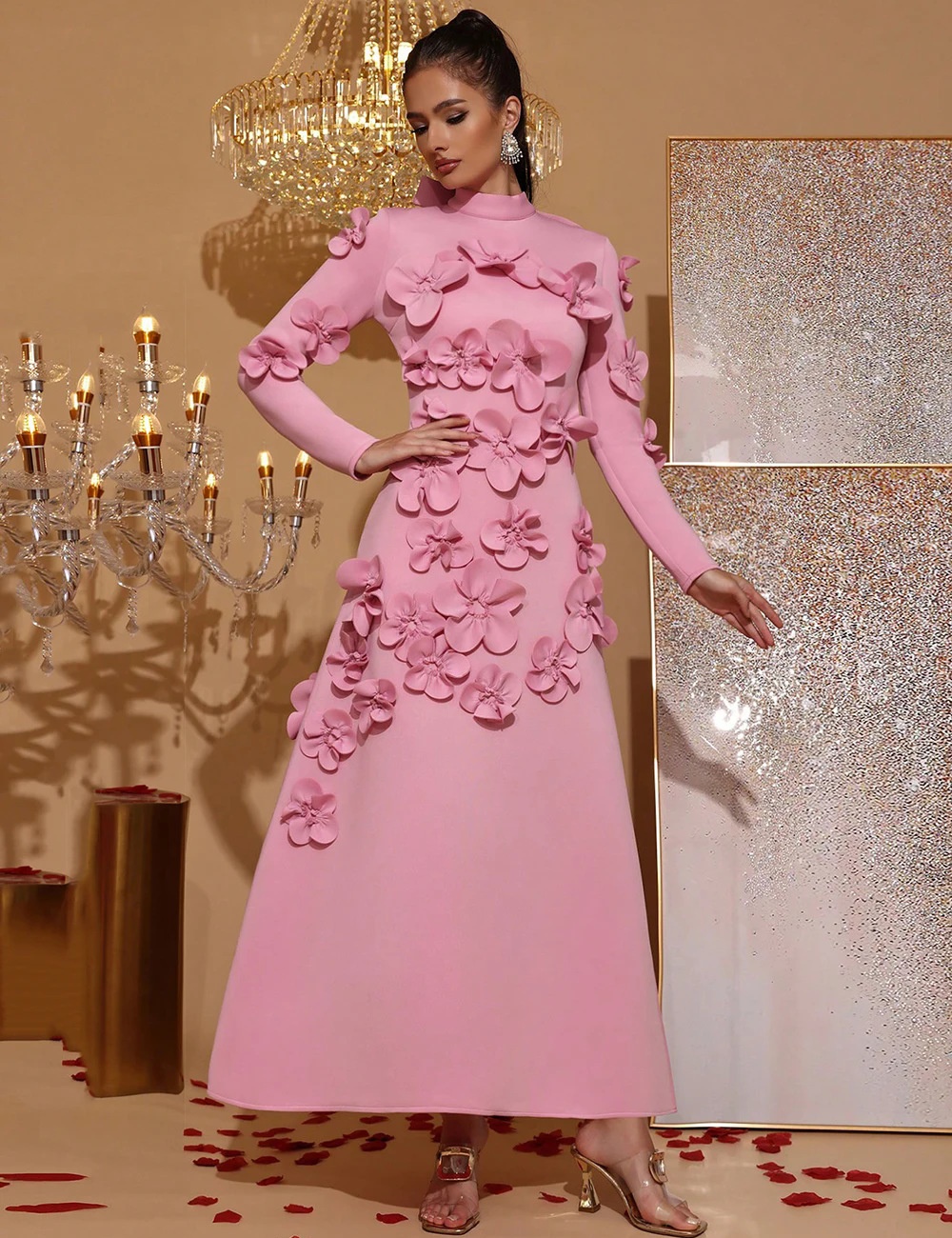 Flowers decoration autumn long dress France style dress for women