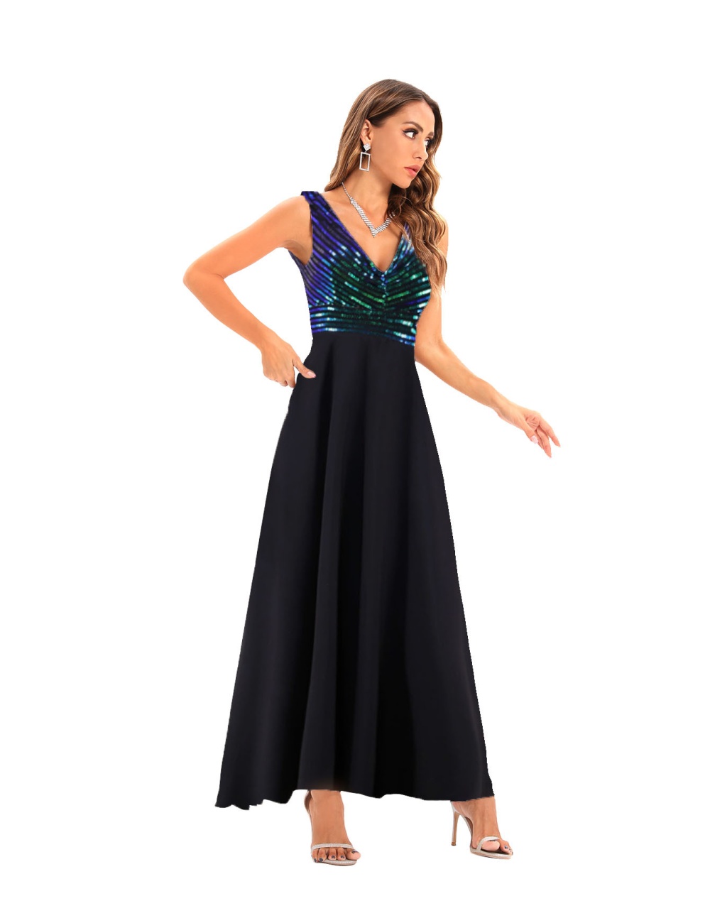 Embroidery long sequins sexy V-neck European style dress for women