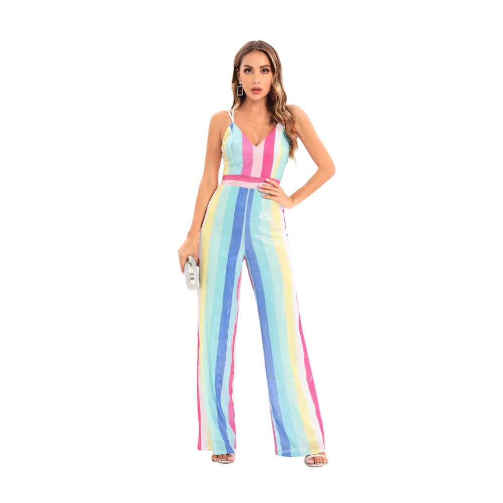 Conjoined sequins jumpsuit V-neck casual pants