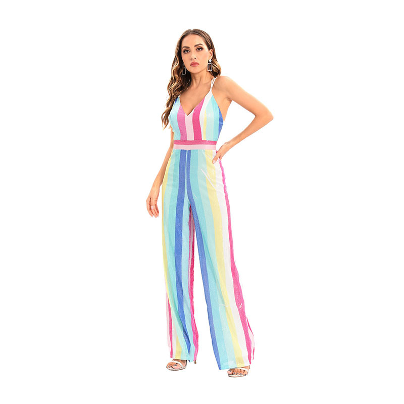 Conjoined sequins jumpsuit V-neck casual pants