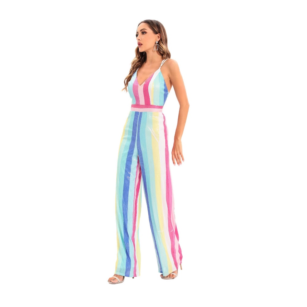 Conjoined sequins jumpsuit V-neck casual pants