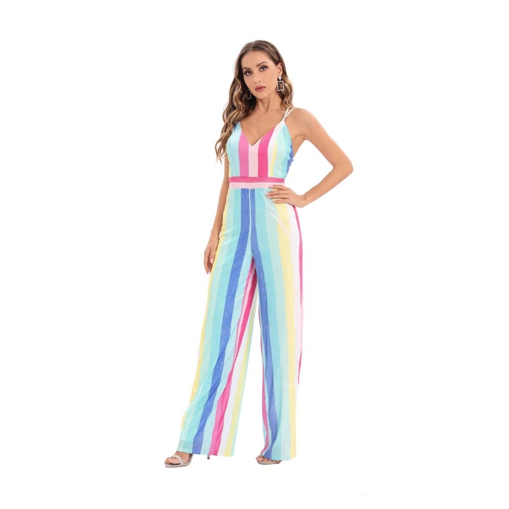 Conjoined sequins jumpsuit V-neck casual pants