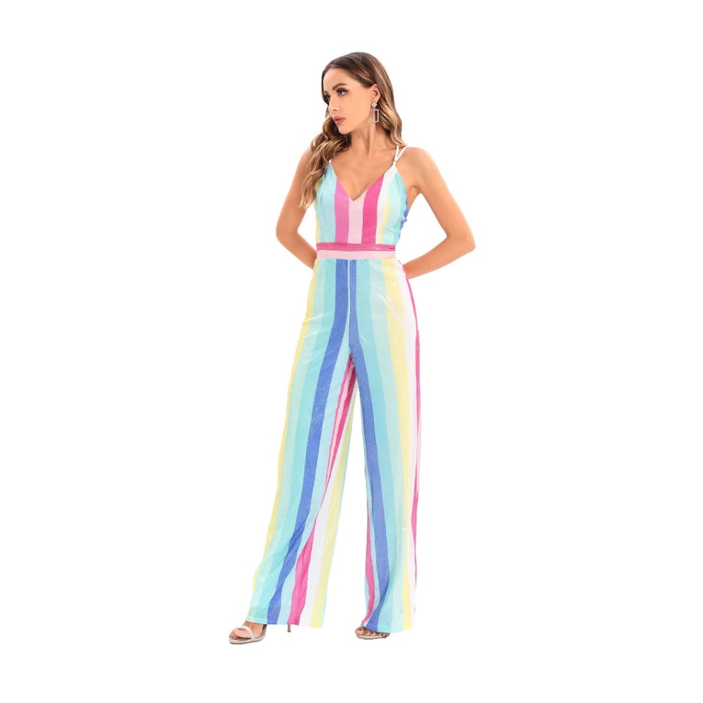 Conjoined sequins jumpsuit V-neck casual pants