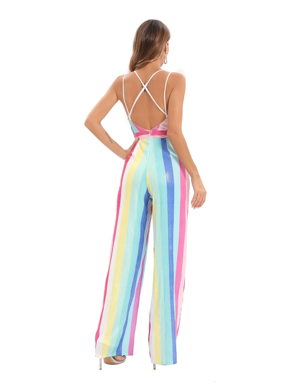 Conjoined sequins jumpsuit V-neck casual pants
