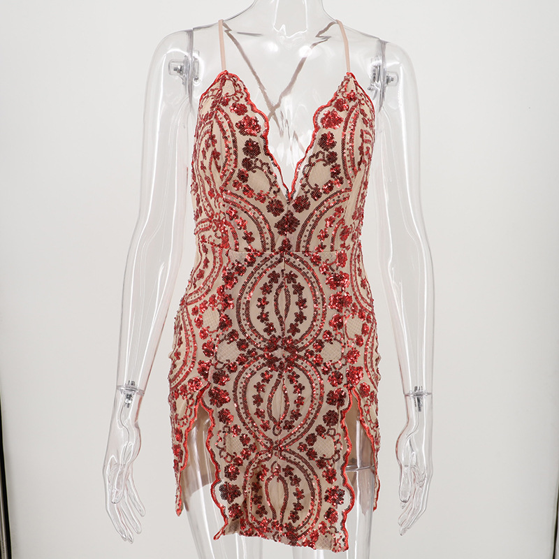 Nightclub party dress V-neck sexy T-back for women