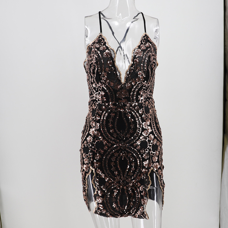 Nightclub party dress V-neck sexy T-back for women