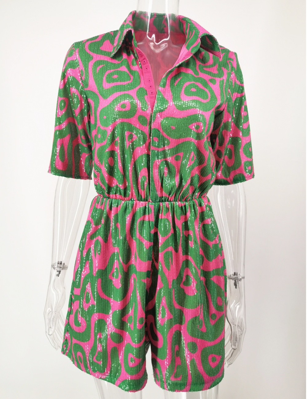 Stripe sequins jumpsuit European style V-neck shorts