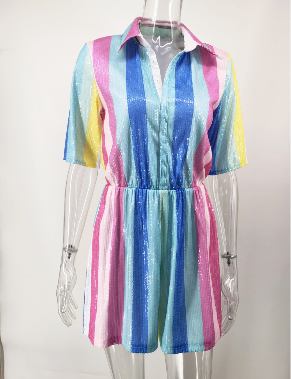 Stripe sequins jumpsuit European style V-neck shorts