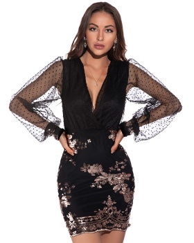 Gauze long sleeve T-back sequins sexy evening dress