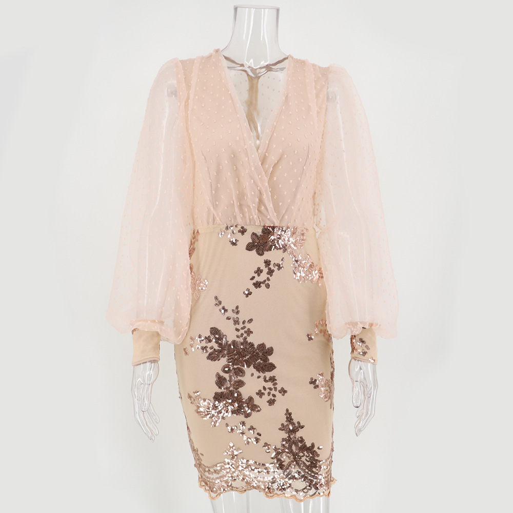 Gauze long sleeve T-back sequins sexy evening dress