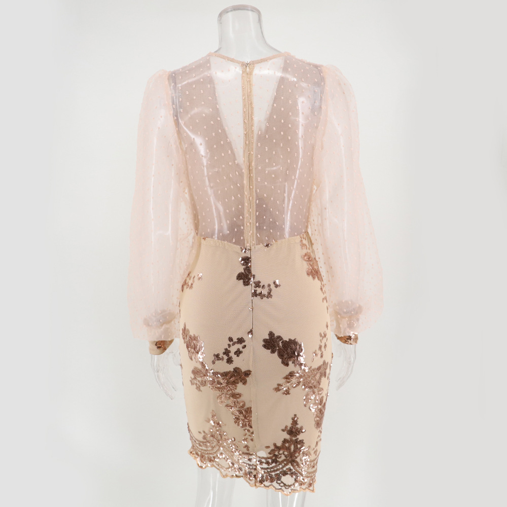 Gauze long sleeve T-back sequins sexy evening dress