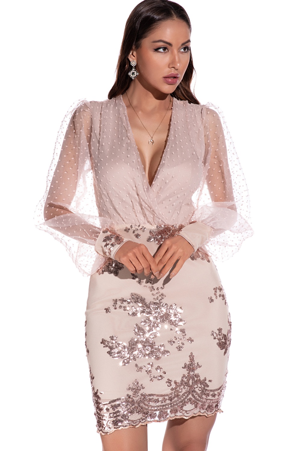 Gauze long sleeve T-back sequins sexy evening dress