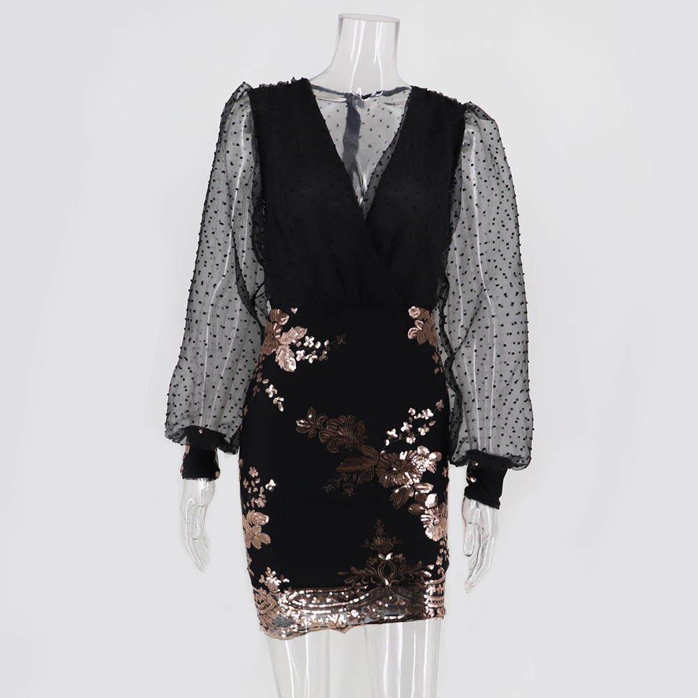 Gauze long sleeve T-back sequins sexy evening dress