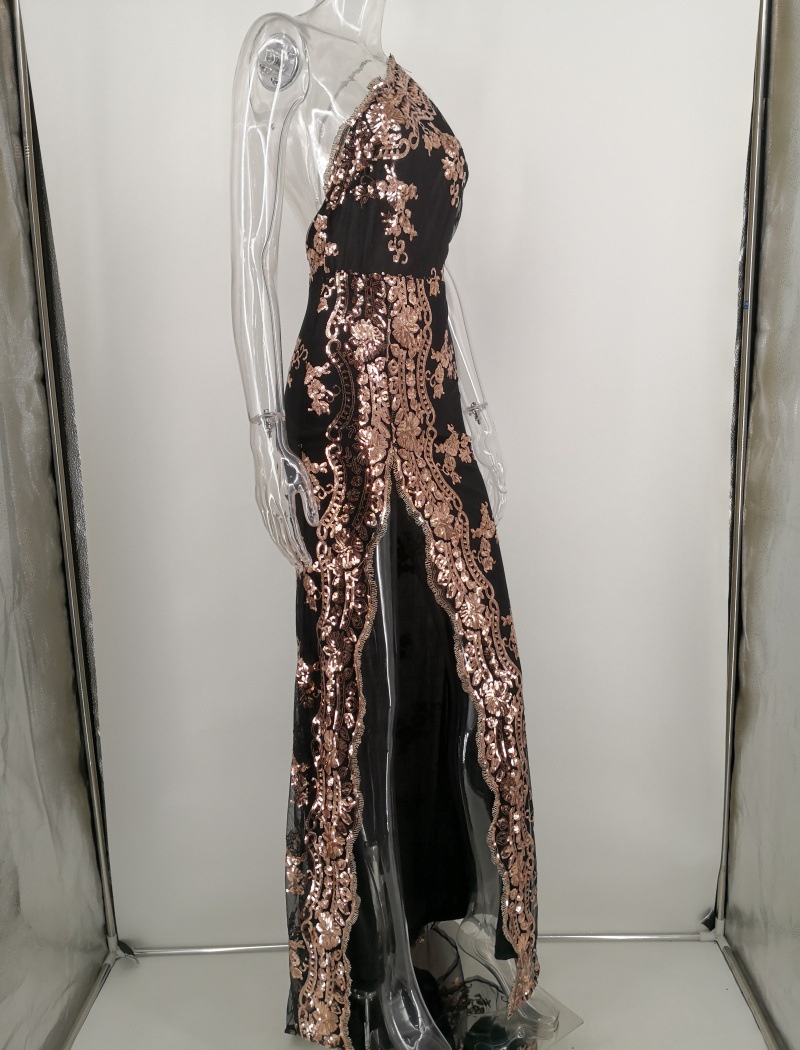 Long sequins dress shoulder strap metal formal dress