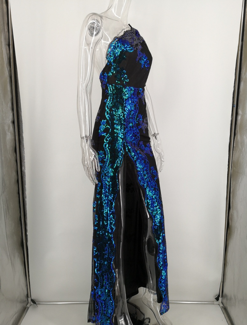 Long sequins dress shoulder strap metal formal dress