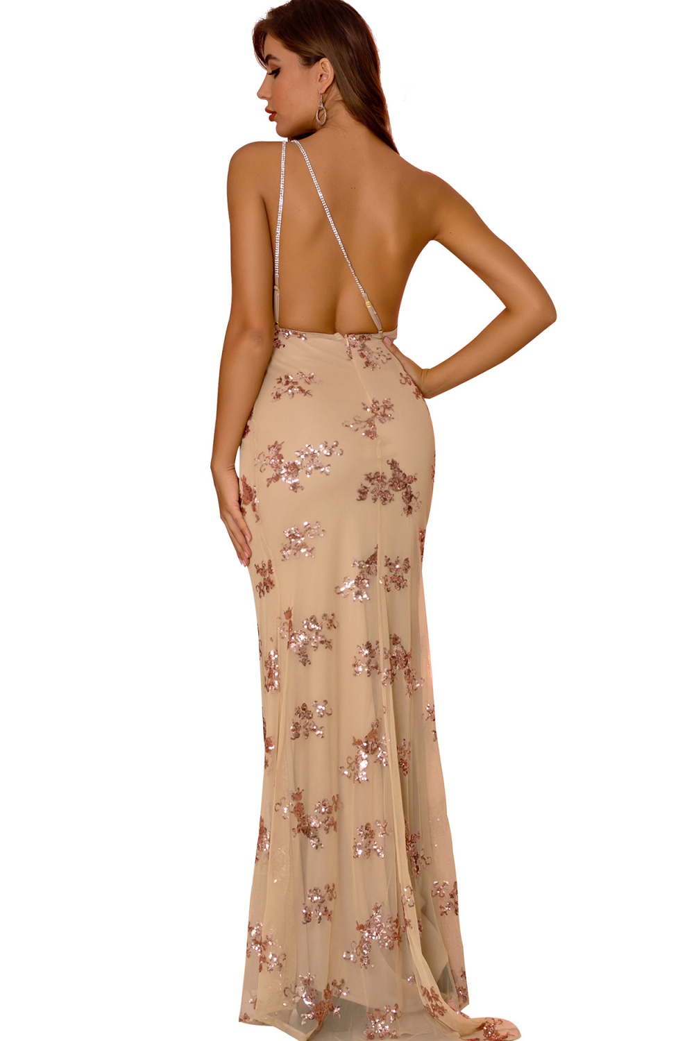 Long sequins dress shoulder strap metal formal dress