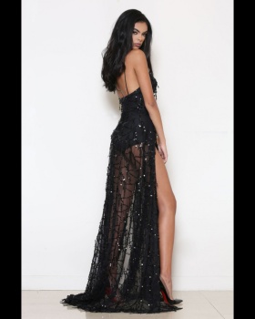 Long black sequins dress halter sling formal dress