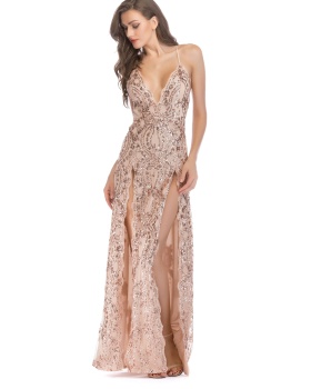 European style sequins halter formal dress split sling dress
