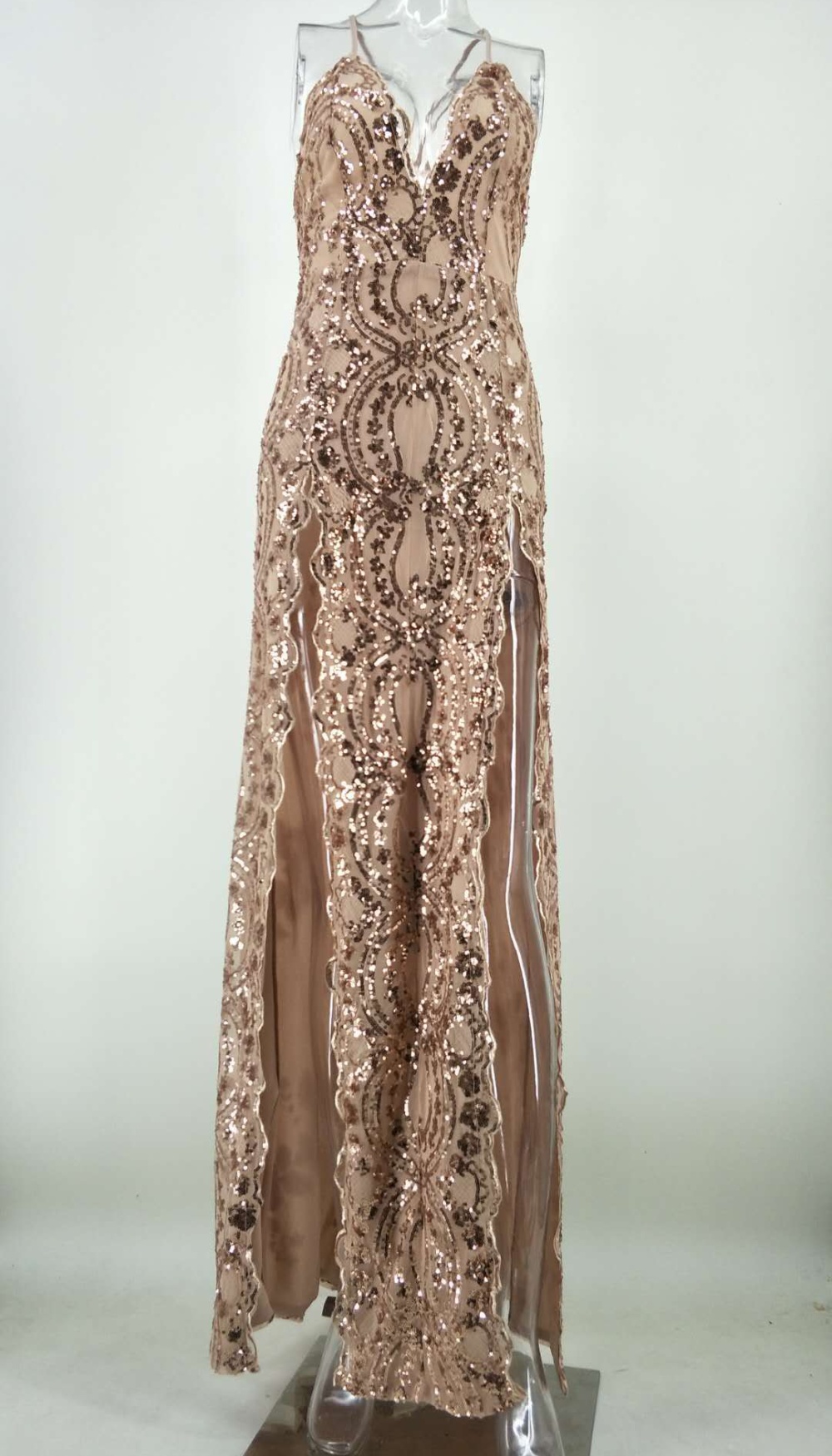 European style sequins halter formal dress split sling dress