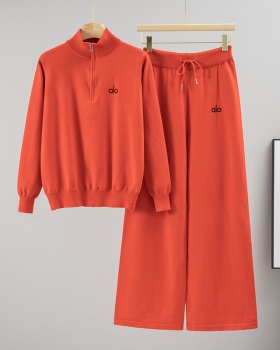 Casual tops knitted wide leg pants 2pcs set for women