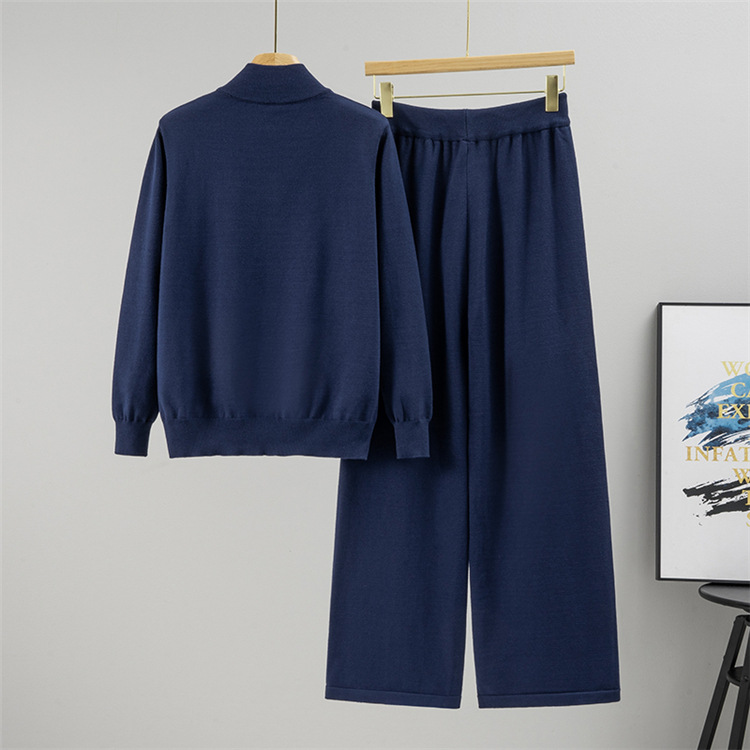 Casual tops knitted wide leg pants 2pcs set for women