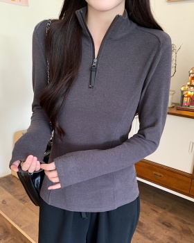 Korean style zip tops cstand collar T-shirt for women