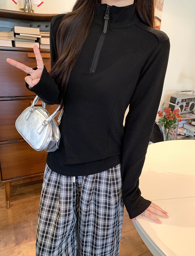 Korean style zip tops cstand collar T-shirt for women