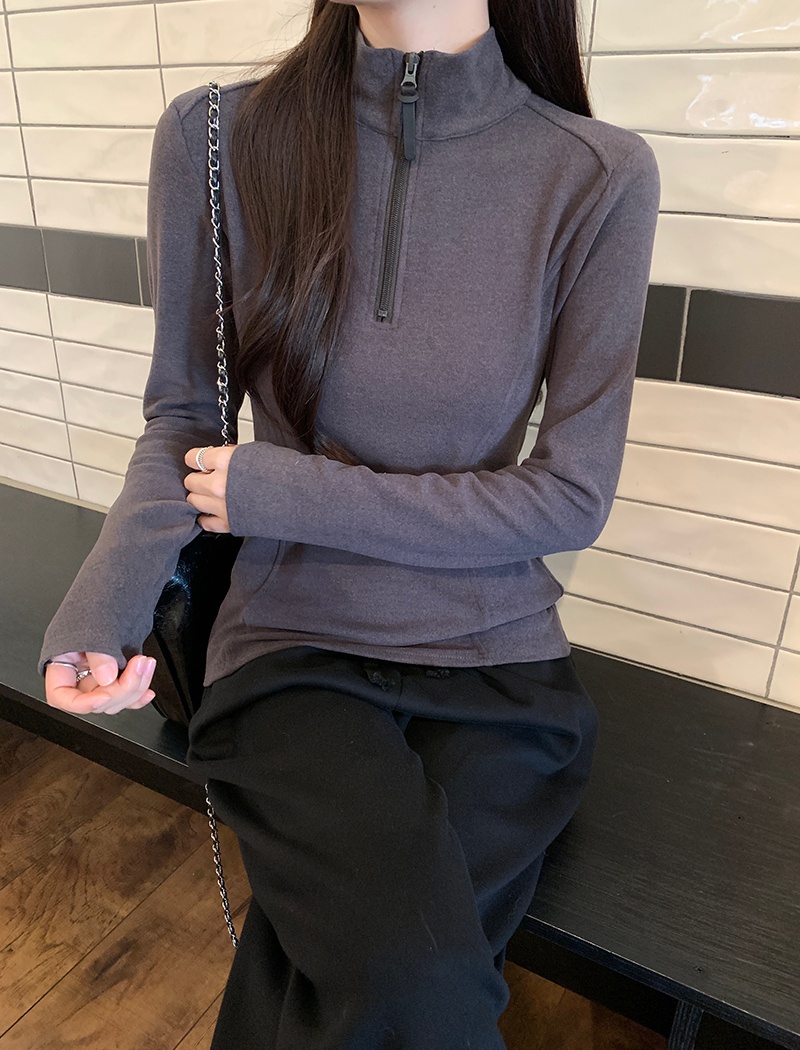 Korean style zip tops cstand collar T-shirt for women