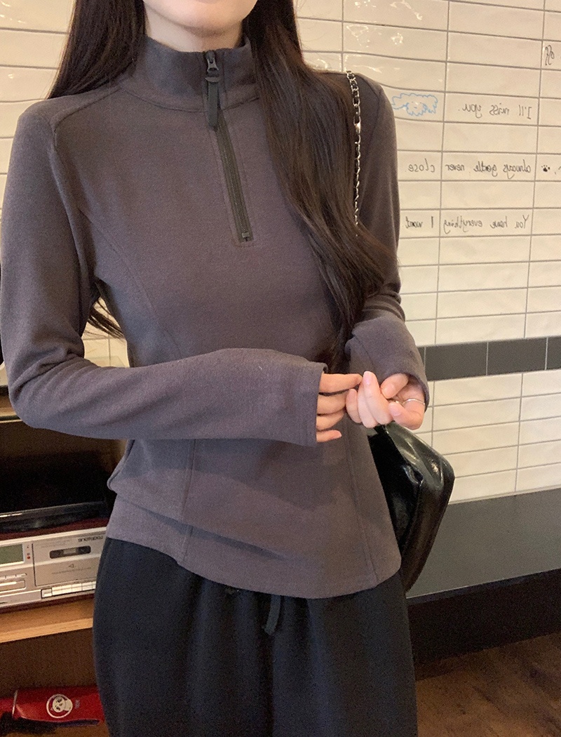 Korean style zip tops cstand collar T-shirt for women