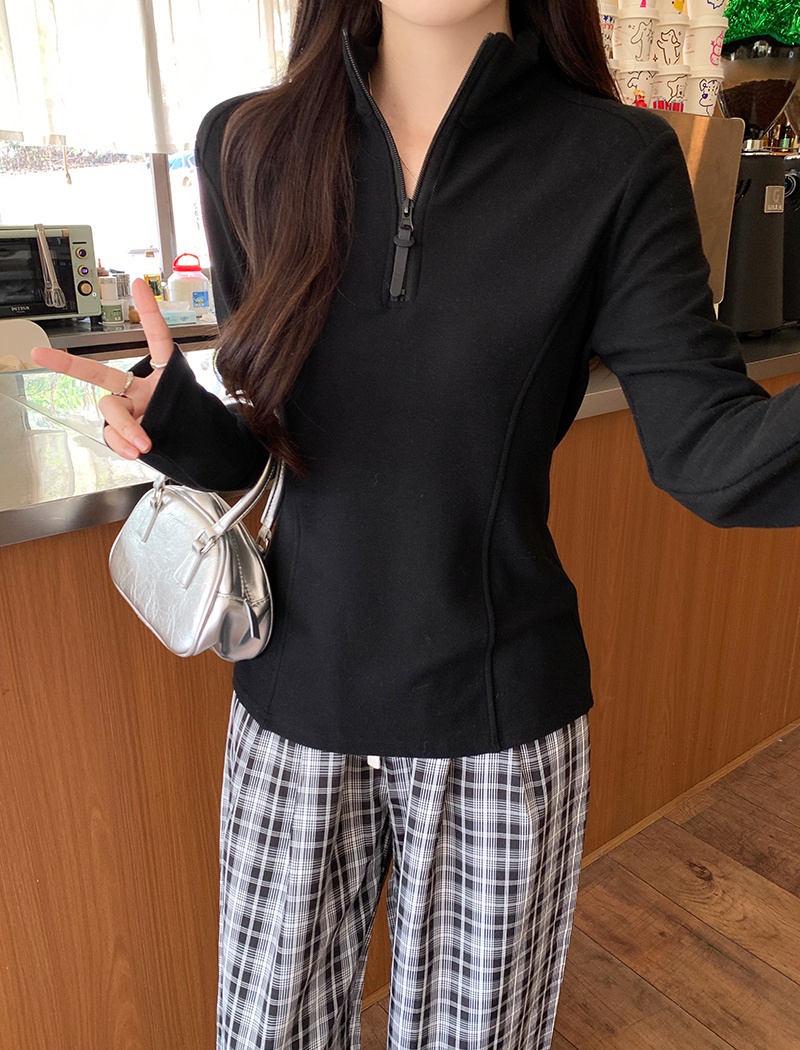 Korean style zip tops cstand collar T-shirt for women