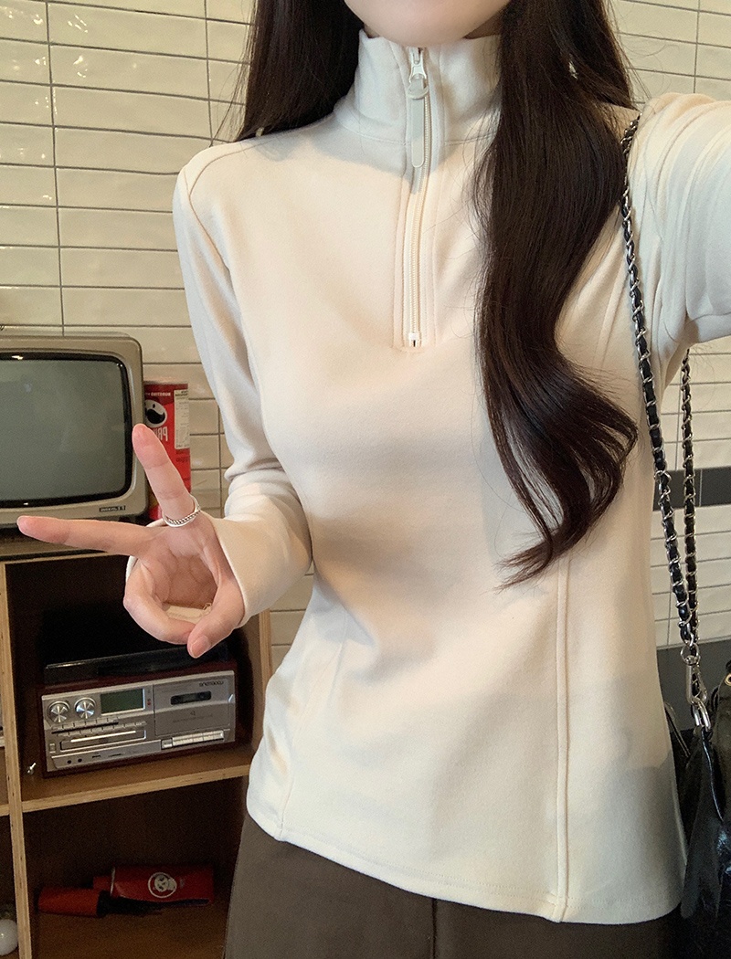 Korean style zip tops cstand collar T-shirt for women