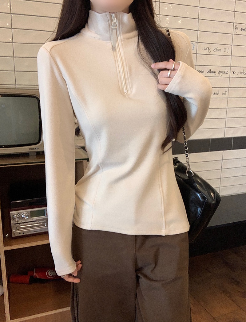 Korean style zip tops cstand collar T-shirt for women