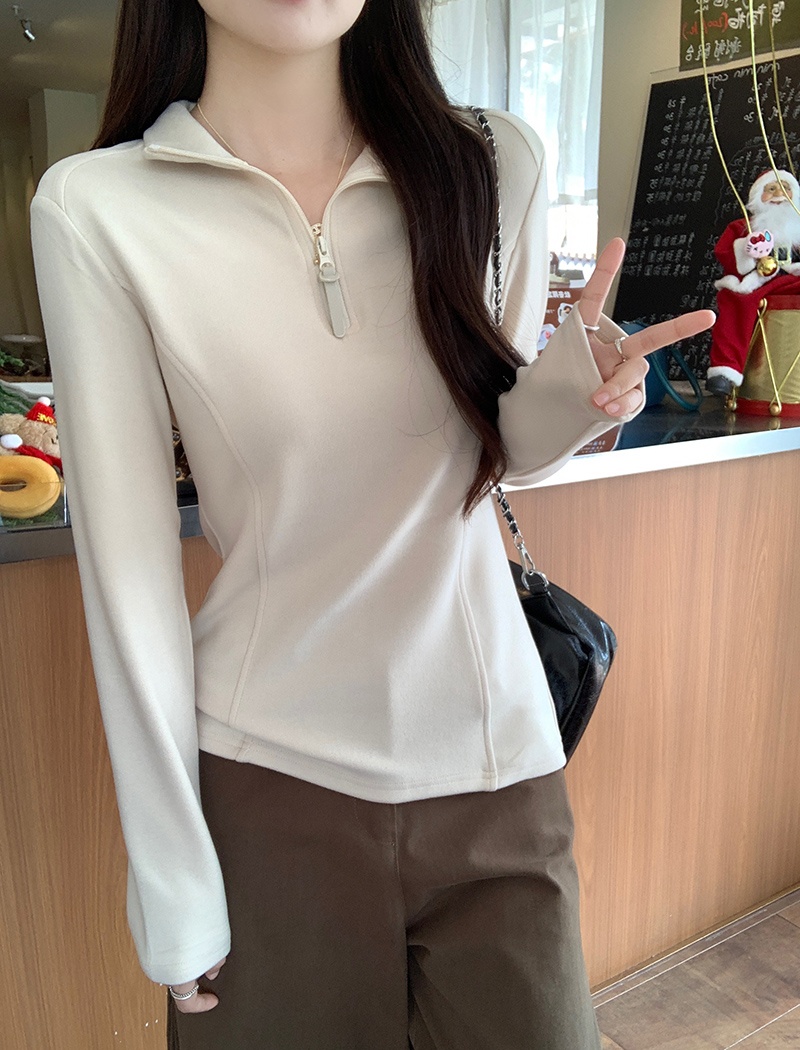 Korean style zip tops cstand collar T-shirt for women