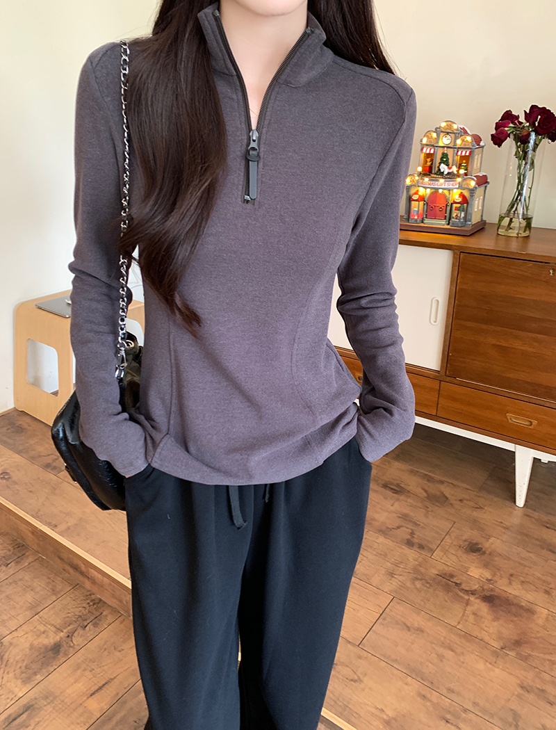Korean style zip tops cstand collar T-shirt for women
