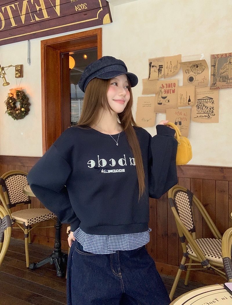 Pseudo-two embroidery hoodie loose Korean style tops