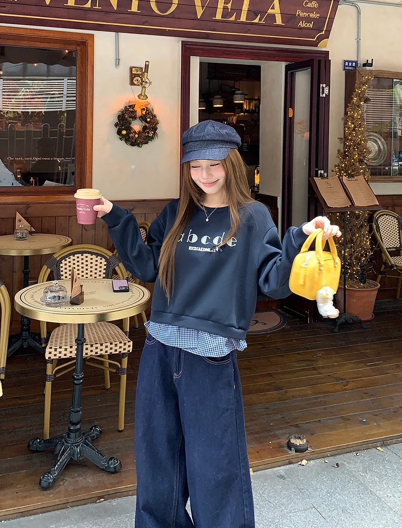 Pseudo-two embroidery hoodie loose Korean style tops