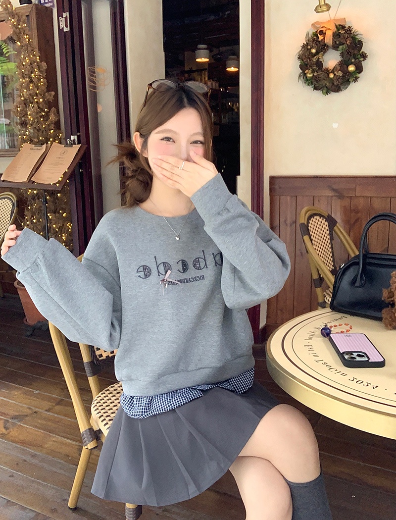 Pseudo-two embroidery hoodie loose Korean style tops