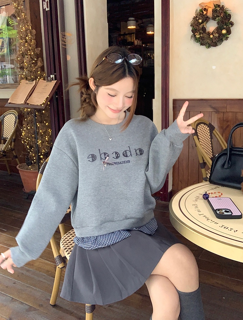 Pseudo-two embroidery hoodie loose Korean style tops