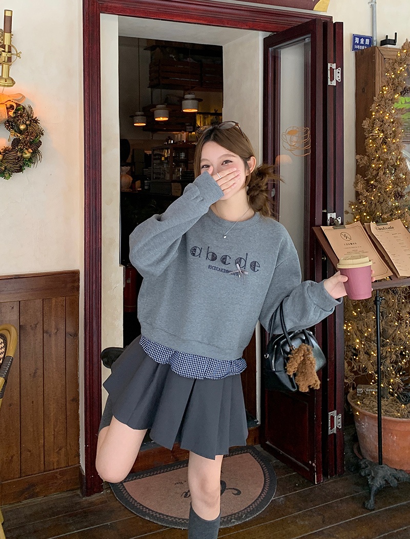 Pseudo-two embroidery hoodie loose Korean style tops